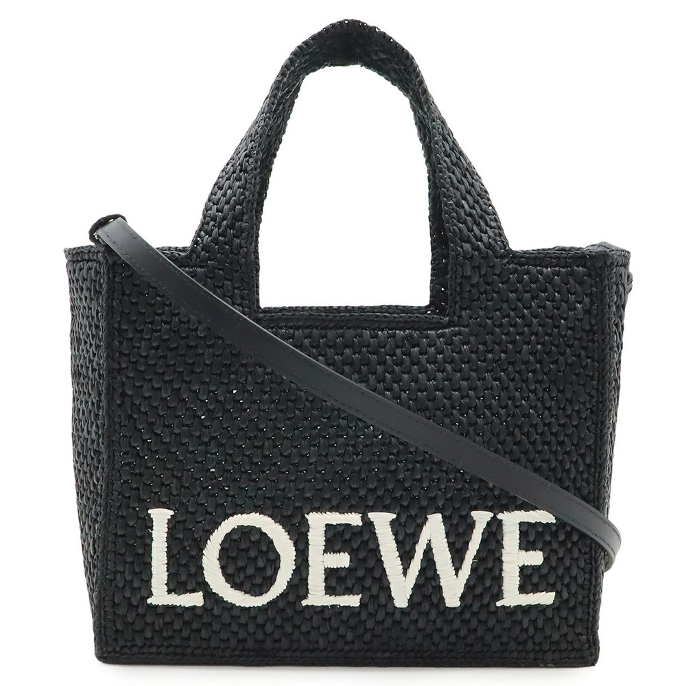 Loewe Font Tote Bag Handbag Shoulder Raffia Black White